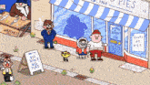 a cartoon of people standing outside of a big ron 's big pies store