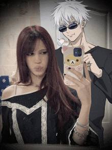 a girl is taking a selfie with a phone case that says rilakkuma