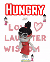 a cartoon girl is standing in front of a sign that says " hungry love laughter wisdom "