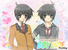two anime boys are standing next to each other with the words boy mof on the bottom right