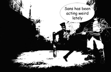 a black and white drawing of badum tss with two characters