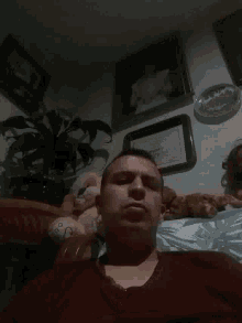a man is laying on a bed with a teddy bear and a plant in the background .