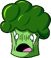 a cartoon drawing of a broccoli head with a surprised look on its face