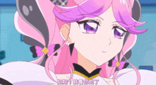 a girl with pink hair and purple eyes is wearing a white dress
