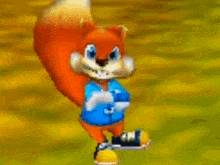 a cartoon squirrel wearing a blue jacket and blue shoes is dancing in a video game .