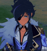 a blue haired anime character with the word kaeya on the bottom right