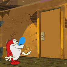 a cartoon character is standing in front of a door with a stack of envelopes on it