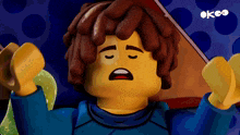 a close up of a lego character with the word ok on the bottom left