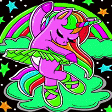 a unicorn is dancing in a tutu in front of a rainbow and stars .