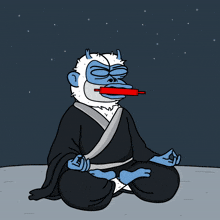 a cartoon of a monkey sitting in a lotus position with a rolling pin in his mouth