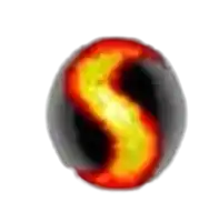 a red and yellow ball with the letter s on it