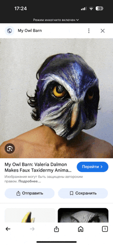a phone screen shows a picture of a person wearing a owl mask
