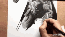 a black and white drawing of a man with a gun is made in animatica