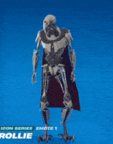 a robot is standing on a blue background with the words icon series emote 1 rollie