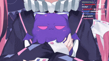 a person holding a purple stuffed animal with the name greencat on the bottom left