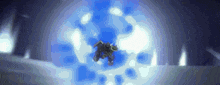 a robot is flying through a blue sphere in a dark room .