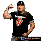 a man wearing a rolling stones t-shirt is waving his hand