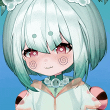 a girl with white hair and red eyes has a swirl on her face