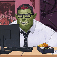 a cartoon of an orc sitting at a desk with a computer and a box of food