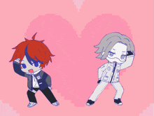 a drawing of two anime characters standing next to each other with a heart in the background