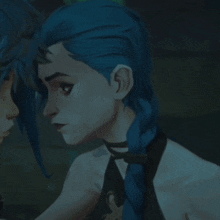 a cartoon character with blue hair and a choker around her neck