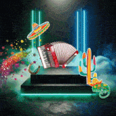 a sombrero a horseshoe and an accordion are displayed on a stage