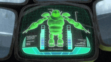 a computer monitor displays a green robot with arms and legs and a few letters on it