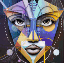 a colorful painting of a woman 's face with geometric shapes on it