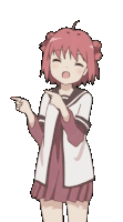 a pixel art of a girl with red hair pointing at something .