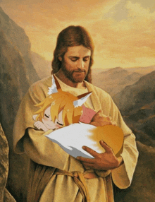 a painting of jesus holding a child with a fox on his head