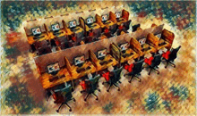 a painting of a row of computer cubicles with the letters c and g on the screens