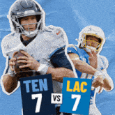 two football players holding signs that say ten and lac on them
