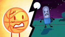 a cartoon of a basketball and a chainsaw with angry faces