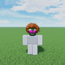 a cartoon character with curly hair and purple eyes is standing in the grass