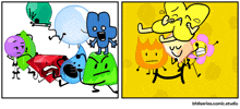 a group of cartoon characters are standing next to each other on a yellow and white background