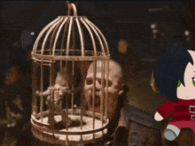 a stuffed animal with a stitched head is sitting in front of a cage