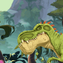 a cartoon of a green dinosaur with red spikes