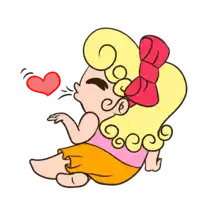 a cartoon of a girl blowing a kiss with a red heart in the background