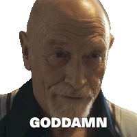 a bald man with a beard has the words goddamn written on his face