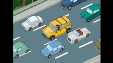 a cartoon of a man driving a yellow car in a traffic jam