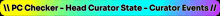 a rainbow colored background with the words " pc checker head curator state curator events "