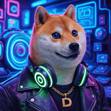 a dog wearing headphones and a necklace with a letter d on it