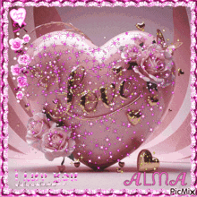 a pink heart with the word love on it is surrounded by pink roses