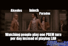 a group of men are standing on a balcony watching people play one pbem turn per day