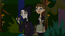 a couple of cartoon characters standing next to each other in a forest