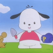 a cartoon dog is holding a shovel and a cup that has the letter p on it