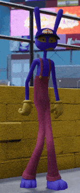 a cartoon character wearing purple overalls and a hat that says rock n roll