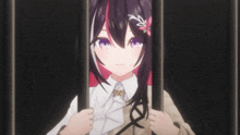 a girl with purple hair and a flower in her hair is behind bars
