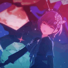 a girl with purple hair is holding an umbrella