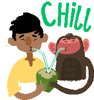 Boy And Monkey Share A Coconut Sticker - Monkeys Best Friend Chill Coco Juice Stickers